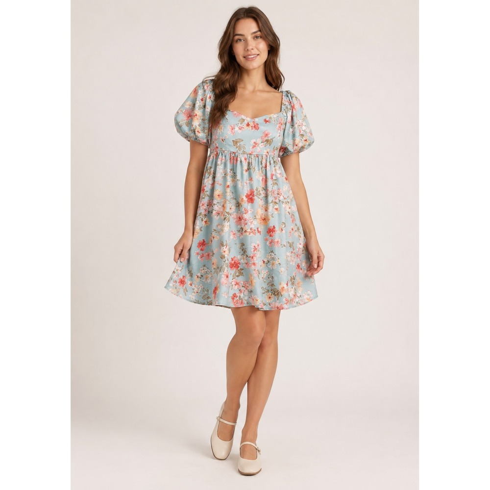 Inspired Hearts Fairy Cottagecore Babydoll Mini Dress Small Blue Floral Satin